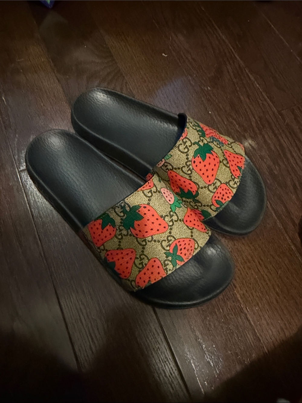 Gucci Black Slide Sandals with Red Strawberry Print on GG Canvas